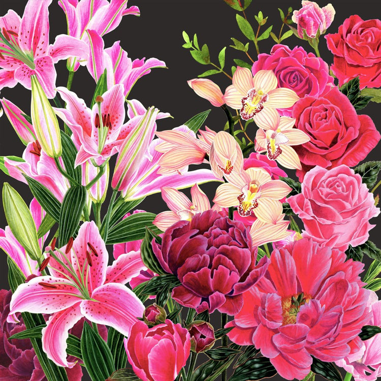 Opulent luxury garden flowers, pink lilies, roses and peonies with peach blush orchids, bunched together against a dark background