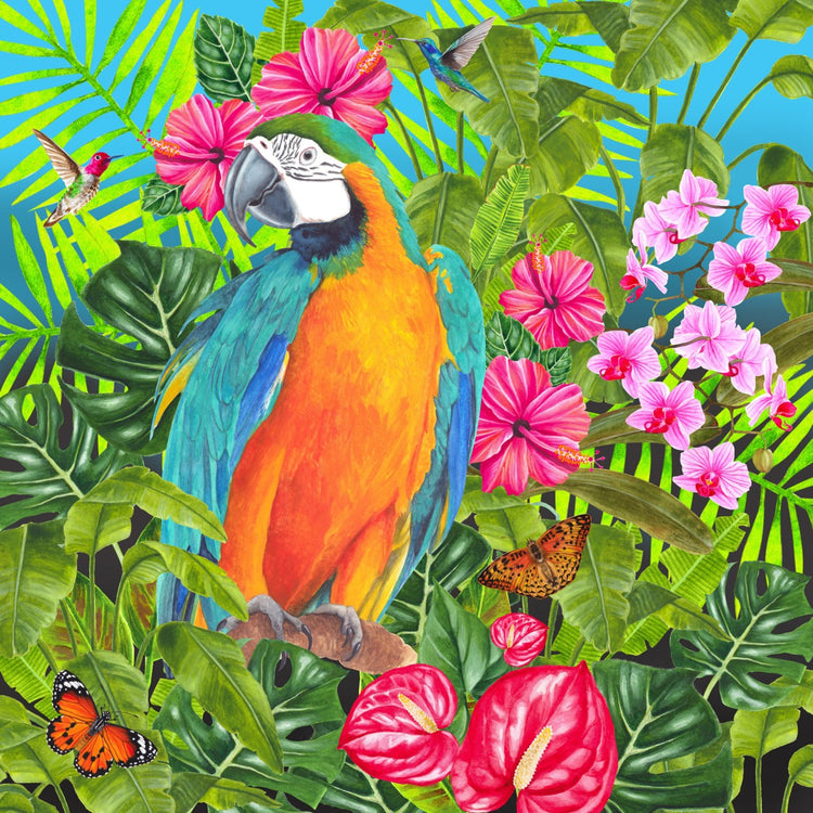 Blue and yellow macaw bird surrounded by tropical plants, flowers, hummingbirds and butterflies against a sunny blue background